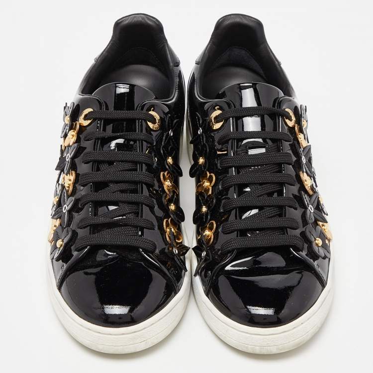 Pre Owned Louis Vuitton Black Patent Leather Blossom Floral Embellished Frontrow Sneakers Size 36