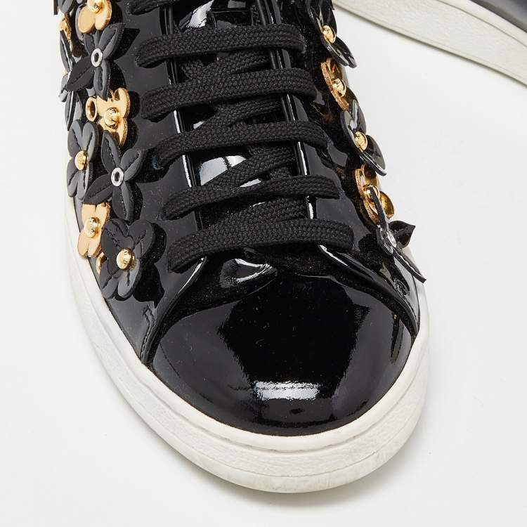 Pre Owned Louis Vuitton Black Patent Leather Blossom Floral Embellished Frontrow Sneakers Size 36