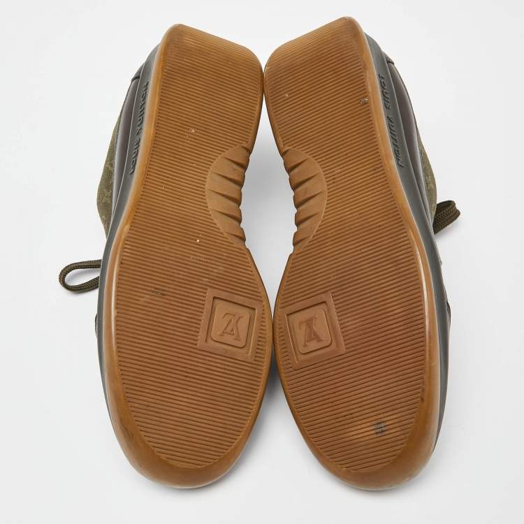 Pre Owned Louis Vuitton Army Green Leather and Monogram Canvas Mini Lin Sneakers Size 40.5