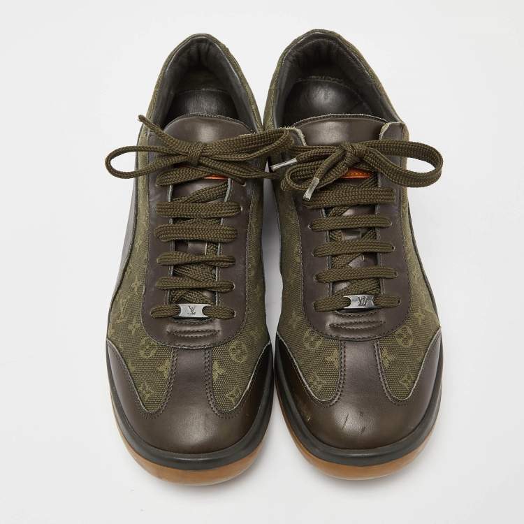 Pre Owned Louis Vuitton Army Green Leather and Monogram Canvas Mini Lin Sneakers Size 40.5