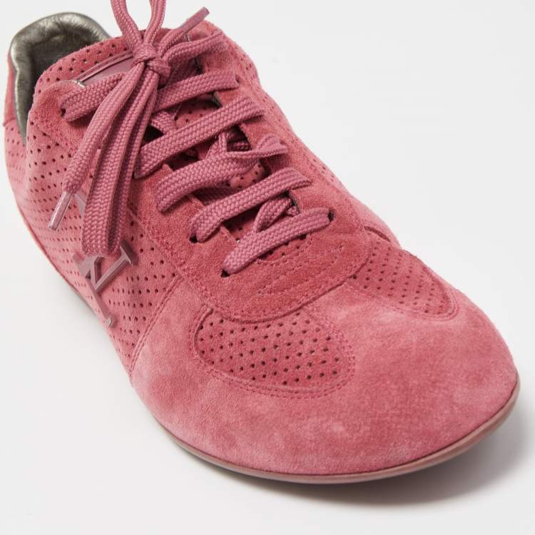 Pre Owned Louis Vuitton Pink Perforated Suede Low Top Sneakers Size 37.5