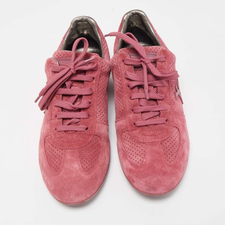 Pre Owned Louis Vuitton Pink Perforated Suede Low Top Sneakers Size 37.5