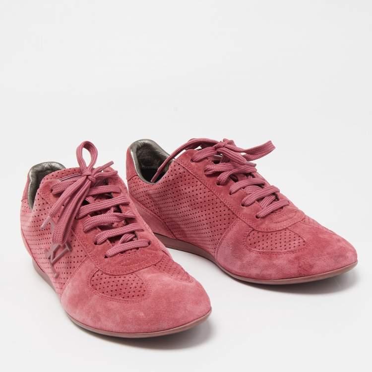 Pre Owned Louis Vuitton Pink Perforated Suede Low Top Sneakers Size 37.5