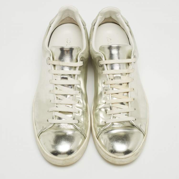 Pre Owned Louis Vuitton Silver Foil Leather Frontrow Low Top Sneakers Size 38