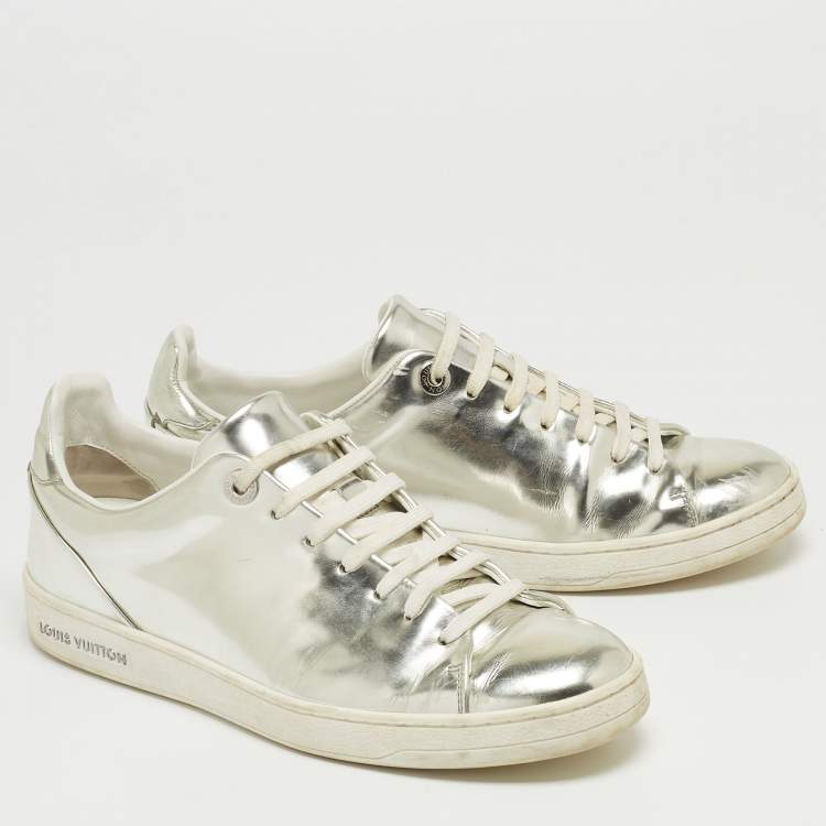 Pre Owned Louis Vuitton Silver Foil Leather Frontrow Low Top Sneakers Size 38