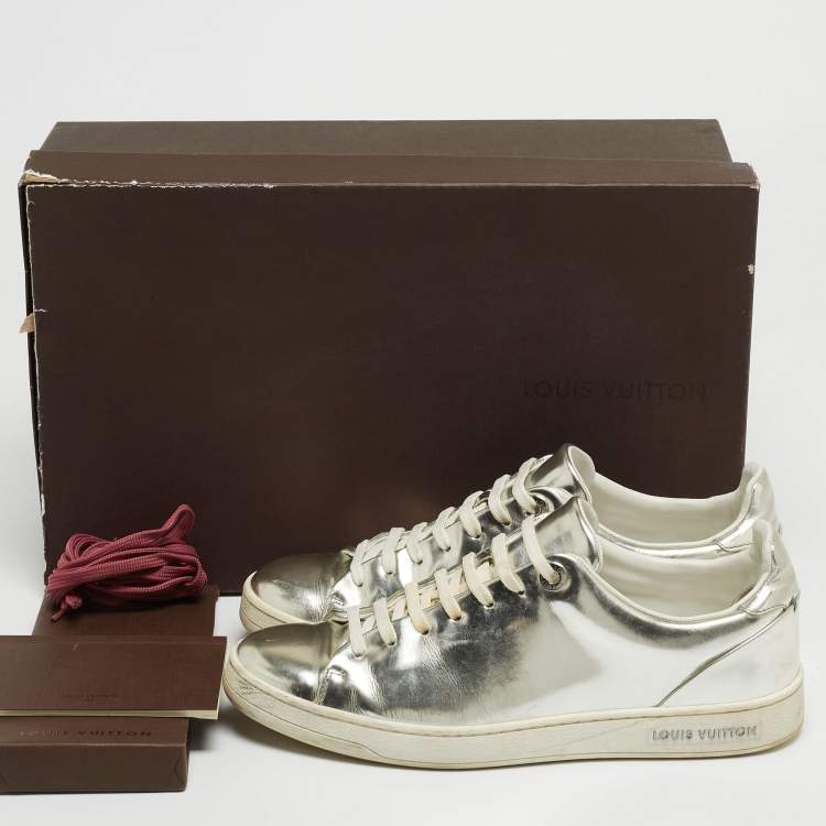 Pre Owned Louis Vuitton Silver Foil Leather Frontrow Low Top Sneakers Size 38