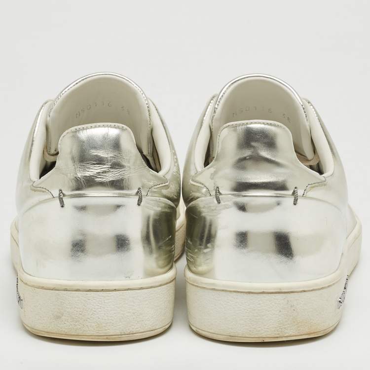 Pre Owned Louis Vuitton Silver Foil Leather Frontrow Low Top Sneakers Size 38