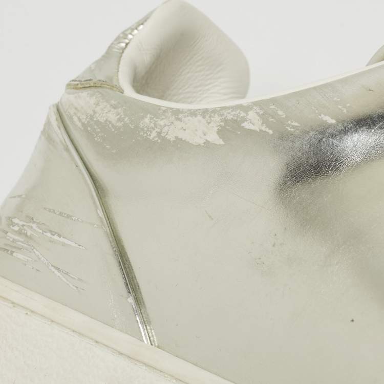 Pre Owned Louis Vuitton Silver Foil Leather Frontrow Low Top Sneakers Size 38