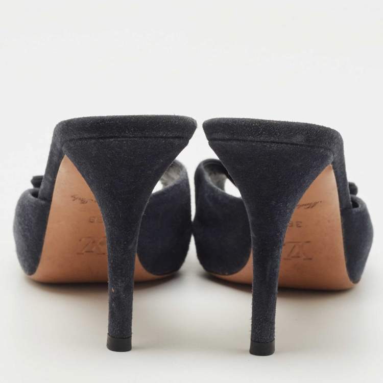 Pre Owned Louis Vuitton Navy Blue Suede Bow Slide Sandals Size 38