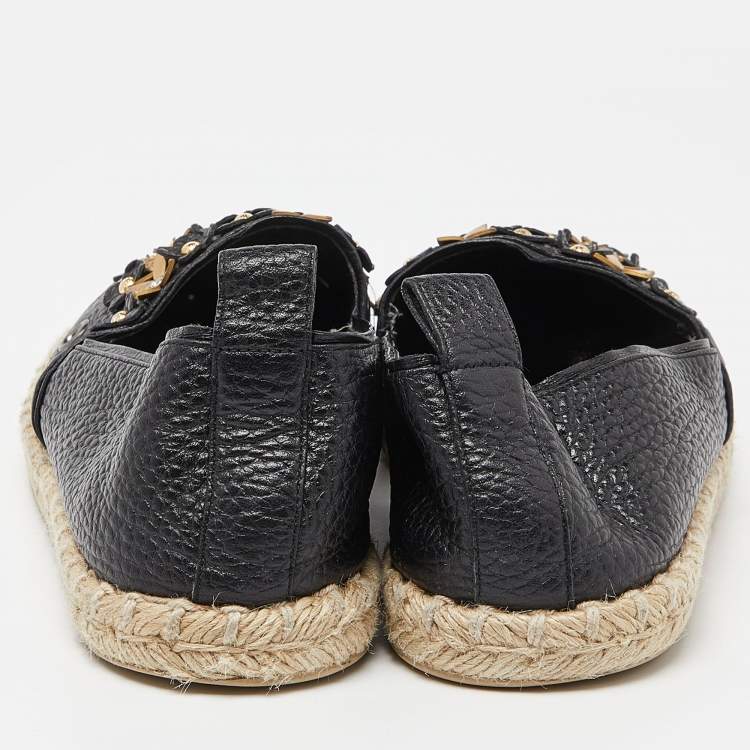 Pre Owned Louis Vuitton Black Leather Tropical Bloom Espadrille Flats Size 37.5