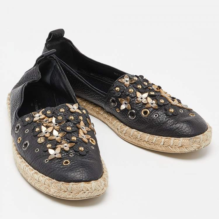 Pre Owned Louis Vuitton Black Leather Tropical Bloom Espadrille Flats Size 37.5