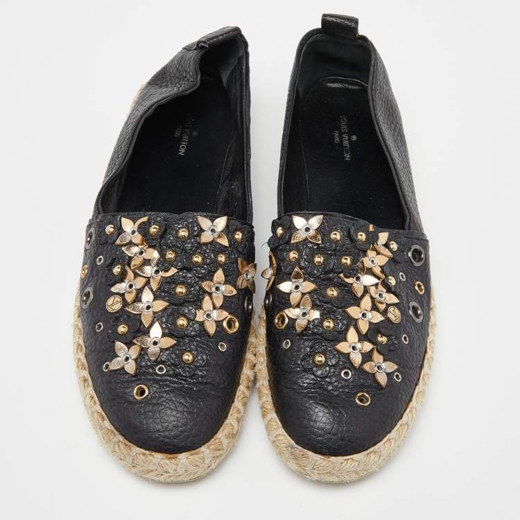 Pre Owned Louis Vuitton Black Leather Tropical Bloom Espadrille Flats Size 37.5