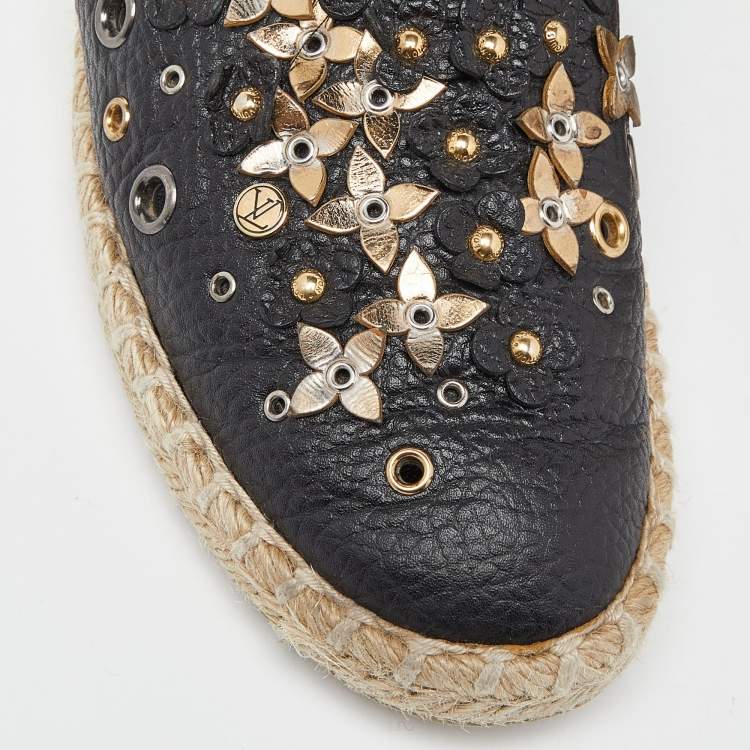 Pre Owned Louis Vuitton Black Leather Tropical Bloom Espadrille Flats Size 37.5