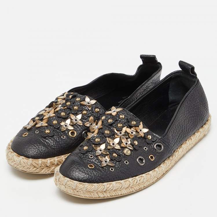 Pre Owned Louis Vuitton Black Leather Tropical Bloom Espadrille Flats Size 37.5