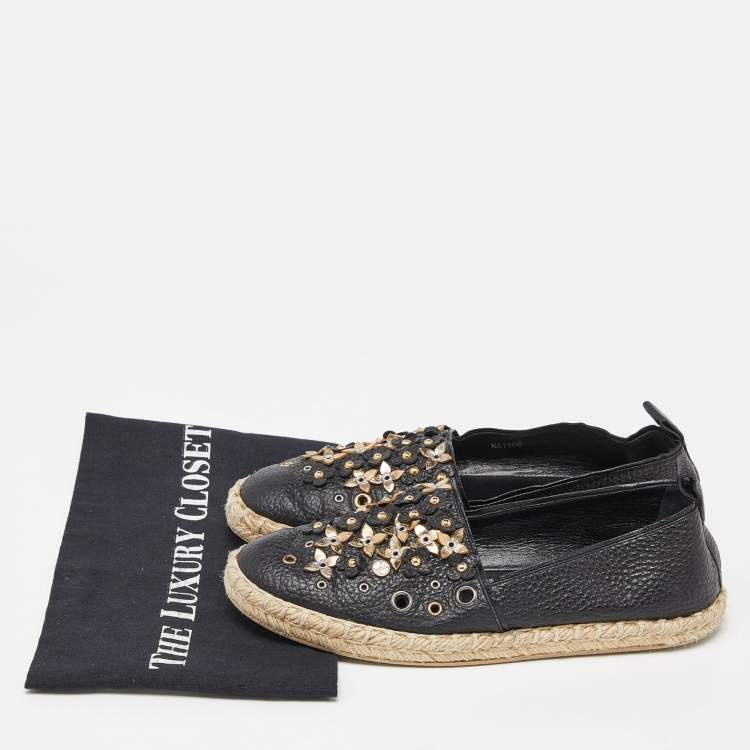 Pre Owned Louis Vuitton Black Leather Tropical Bloom Espadrille Flats Size 37.5