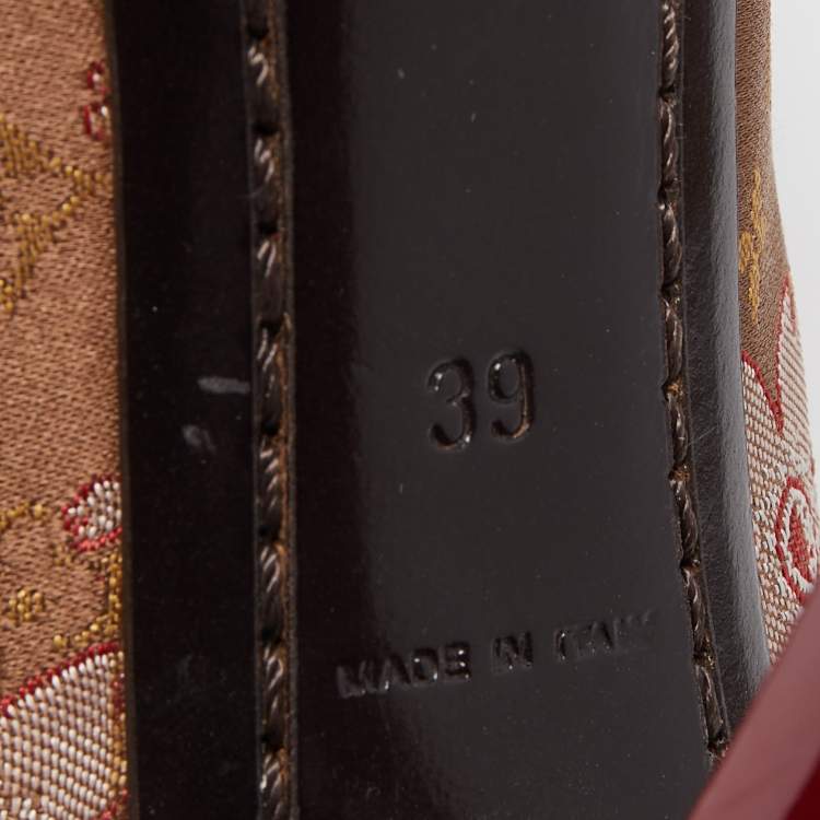 Pre Owned Louis Vuitton Brown/Red Monogram Satin and Leather Bow Peep Toe Pumps Size 39