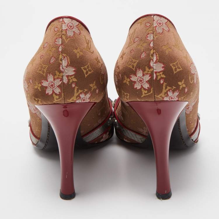 Pre Owned Louis Vuitton Brown/Red Monogram Satin and Leather Bow Peep Toe Pumps Size 39
