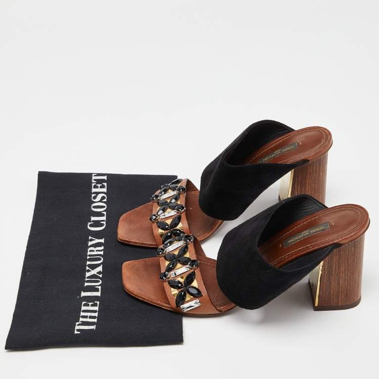 Pre Owned Louis Vuitton Brown Suede and Leather Embellished Slide Sandals Size 38