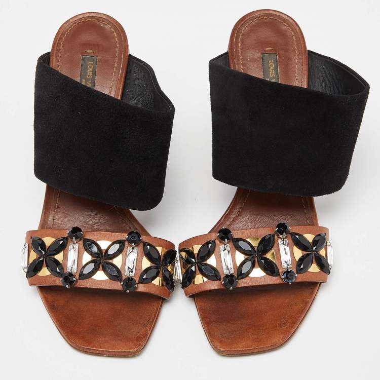 Pre Owned Louis Vuitton Brown Suede and Leather Embellished Slide Sandals Size 38
