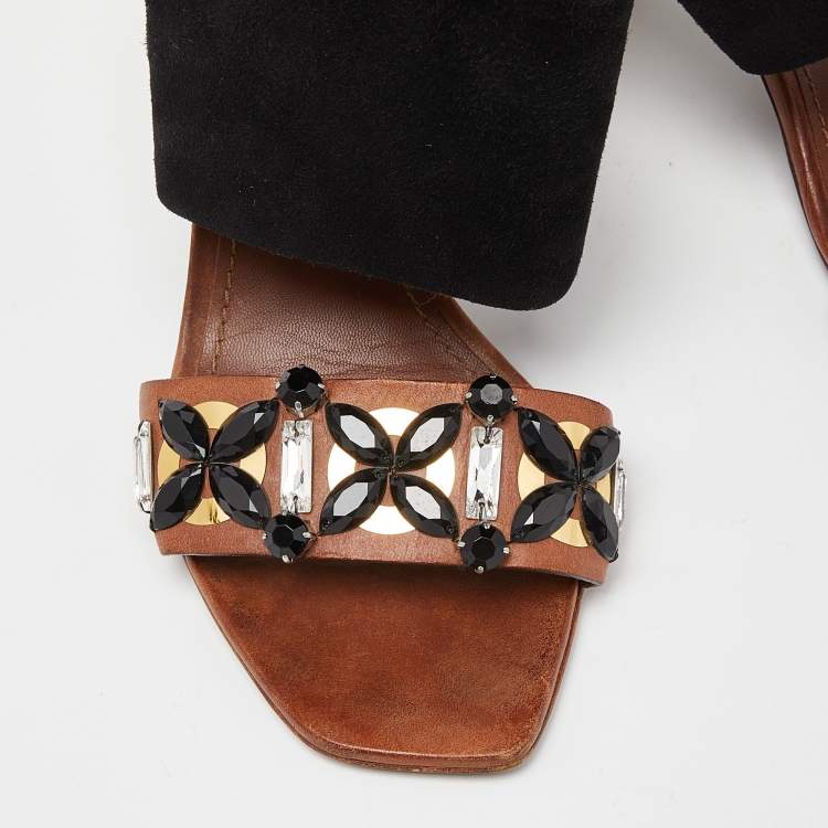 Pre Owned Louis Vuitton Brown Suede and Leather Embellished Slide Sandals Size 38