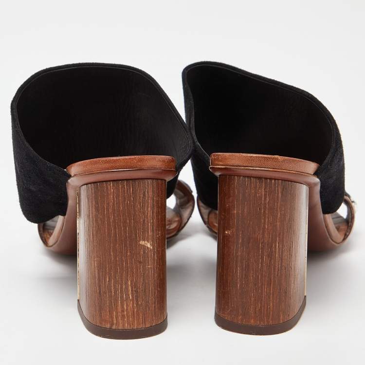 Pre Owned Louis Vuitton Brown Suede and Leather Embellished Slide Sandals Size 38
