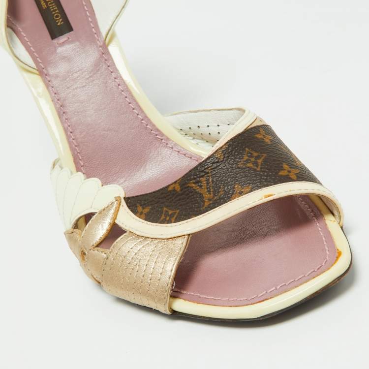 مملوكة مسبقًا Louis Vuitton Cream/Brown Monogram Patent and Leather Slingback Sandals Size 41