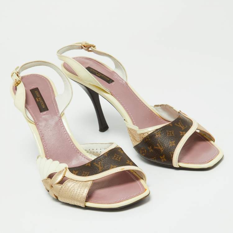 مملوكة مسبقًا Louis Vuitton Cream/Brown Monogram Patent and Leather Slingback Sandals Size 41