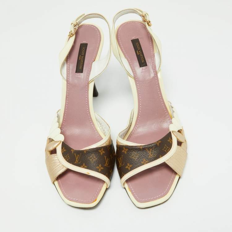 مملوكة مسبقًا Louis Vuitton Cream/Brown Monogram Patent and Leather Slingback Sandals Size 41