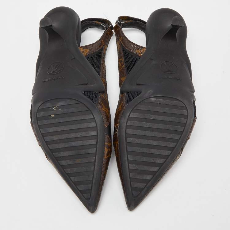 Pre Owned Louis Vuitton Brown/Black Monogram Canvas and Leather Archlight Slingback Pumps Size 38