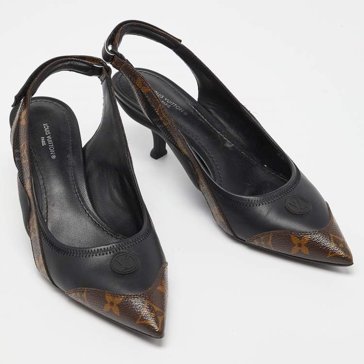Pre Owned Louis Vuitton Brown/Black Monogram Canvas and Leather Archlight Slingback Pumps Size 38