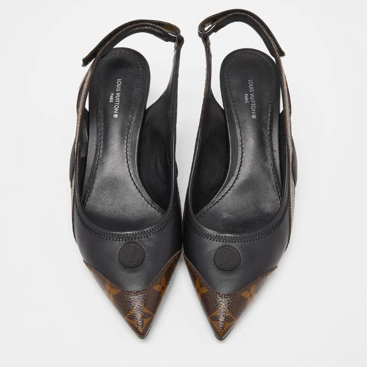 Pre Owned Louis Vuitton Brown/Black Monogram Canvas and Leather Archlight Slingback Pumps Size 38