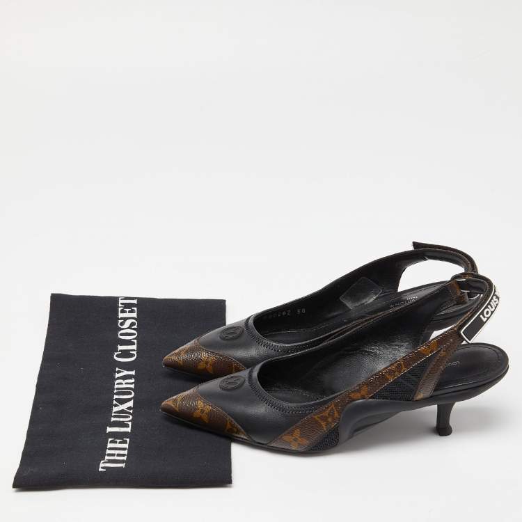 Pre Owned Louis Vuitton Brown/Black Monogram Canvas and Leather Archlight Slingback Pumps Size 38