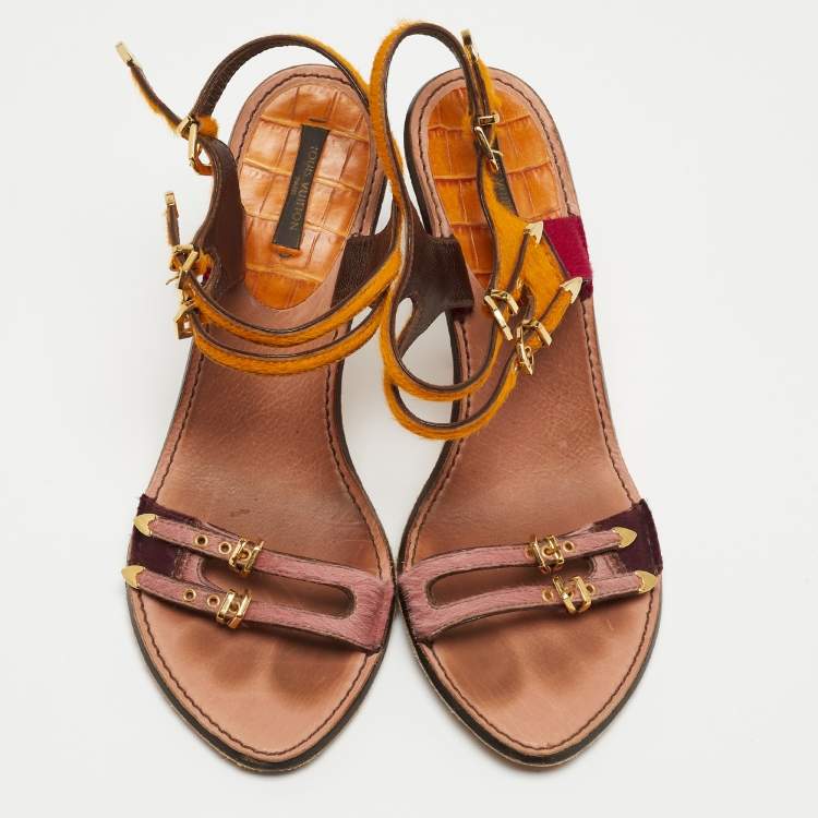 Pre Owned Louis Vuitton Multicolor Calf Hair Buckle Detail Strappy Sandals Size 40