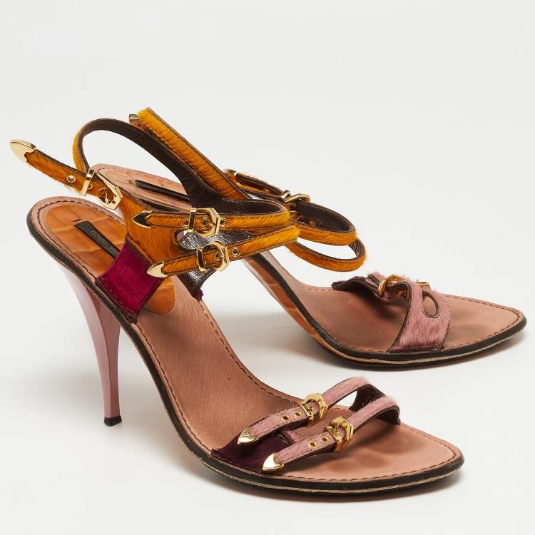 Pre Owned Louis Vuitton Multicolor Calf Hair Buckle Detail Strappy Sandals Size 40