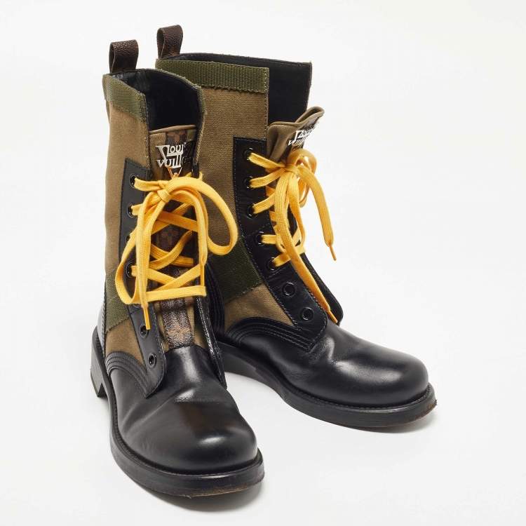 Pre Owned Louis Vuitton Green/Black Canvas and Leather Midcalf Boots Size 38.5  