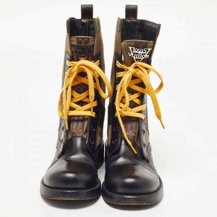 Pre Owned Louis Vuitton Green/Black Canvas and Leather Midcalf Boots Size 38.5  