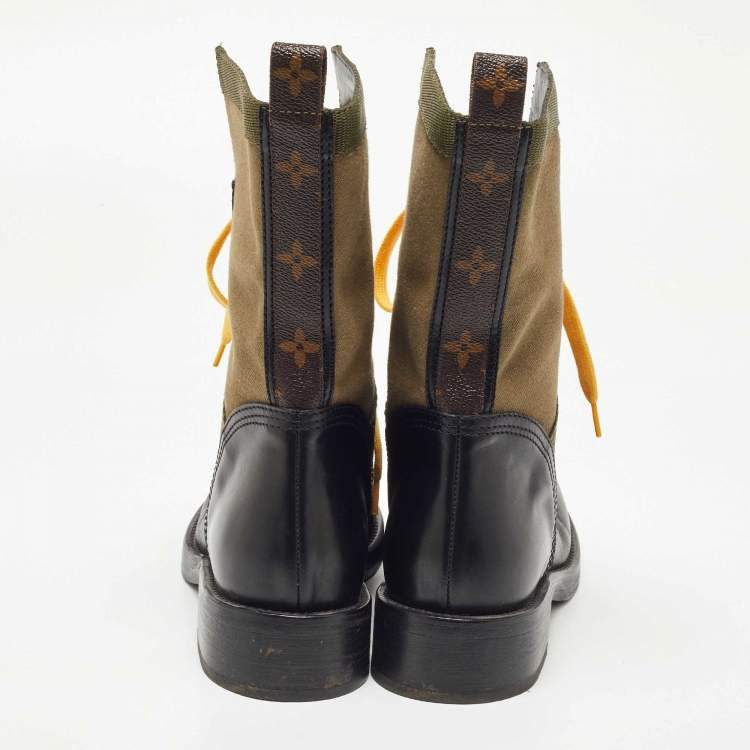 Pre Owned Louis Vuitton Green/Black Canvas and Leather Midcalf Boots Size 38.5  