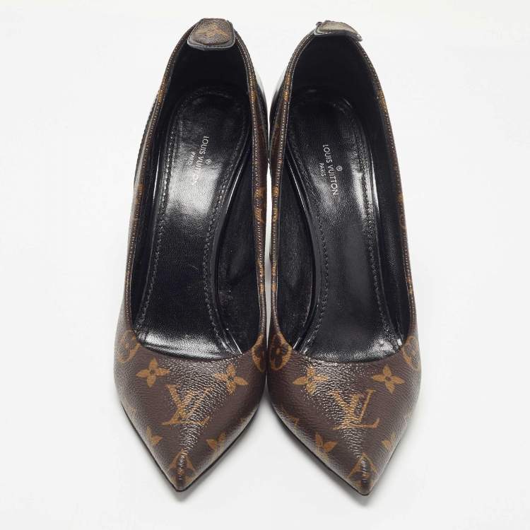 Pre Owned Louis Vuitton Brown/Black Monogram Canvas And Leather Matchake Block Heel Pumps Size 40