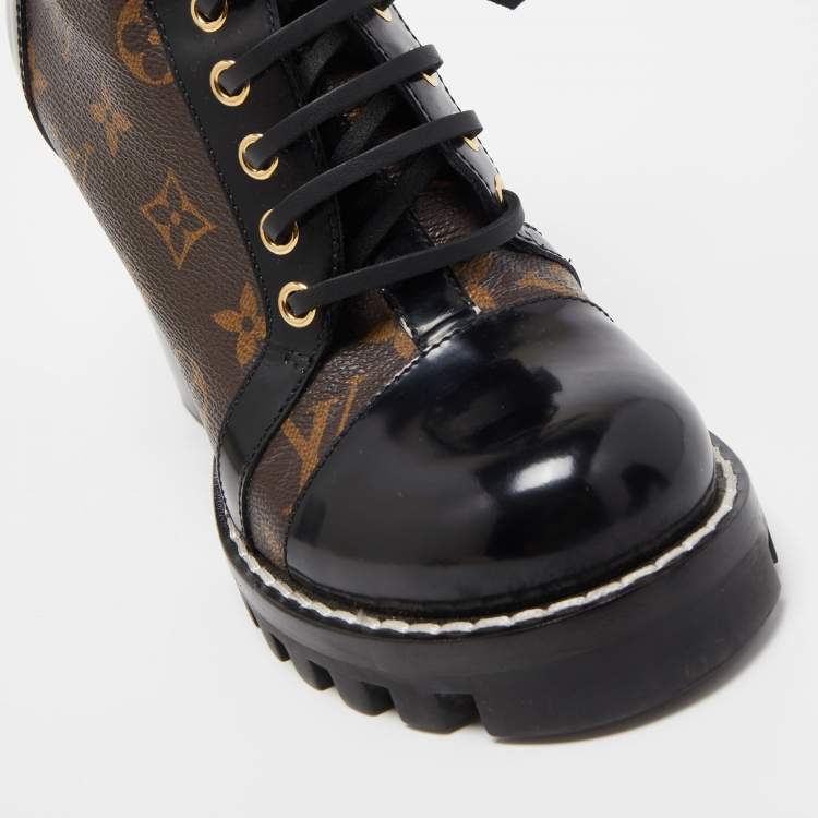Pre Owned Louis Vuitton Black Leather and Monogram Canvas Star Trail Ankle Boots Size 37.5