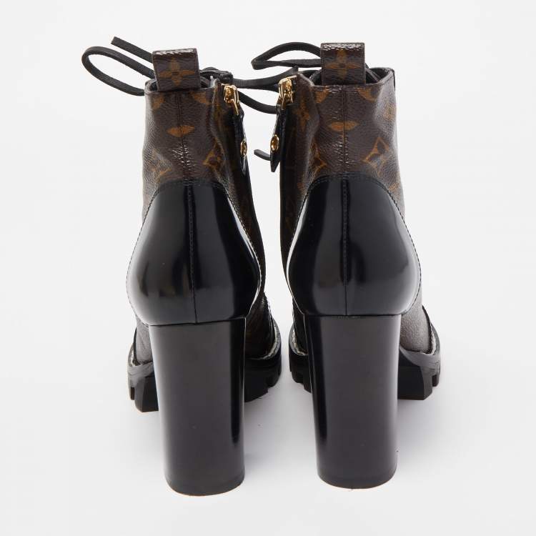 Pre Owned Louis Vuitton Black Leather and Monogram Canvas Star Trail Ankle Boots Size 37.5