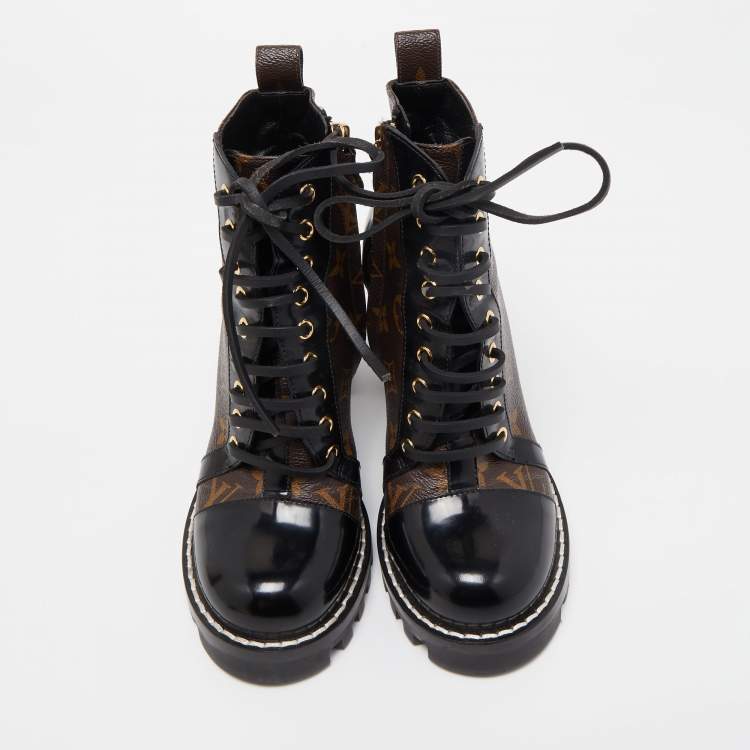Pre Owned Louis Vuitton Black Leather and Monogram Canvas Star Trail Ankle Boots Size 37.5