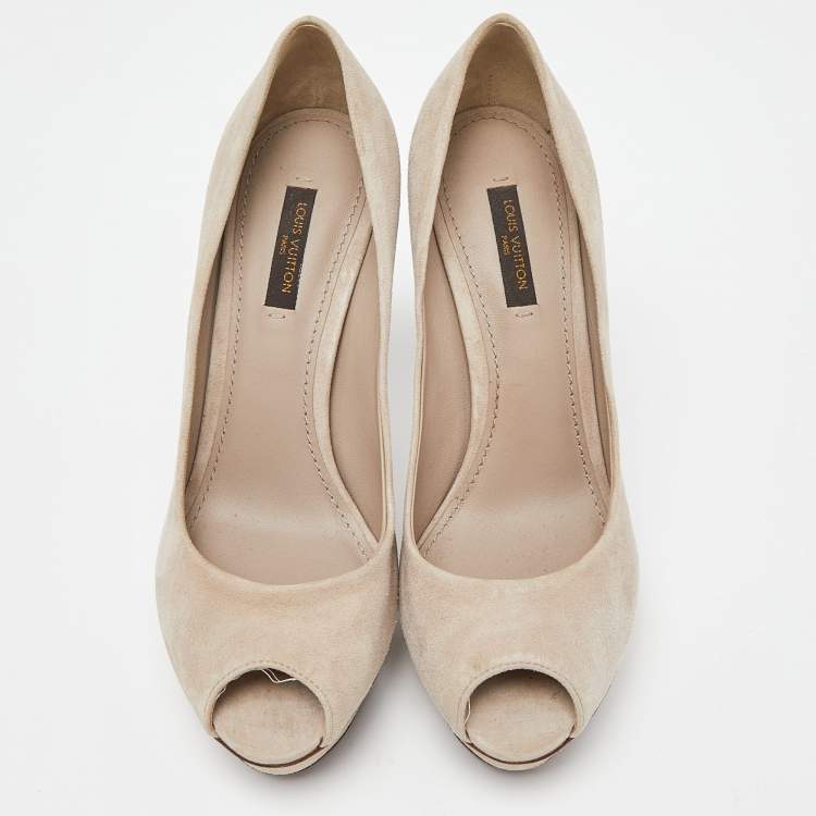 Pre Owned Louis Vuitton Beige Suede Eyeline Peep Toe Platform Pumps Size 38