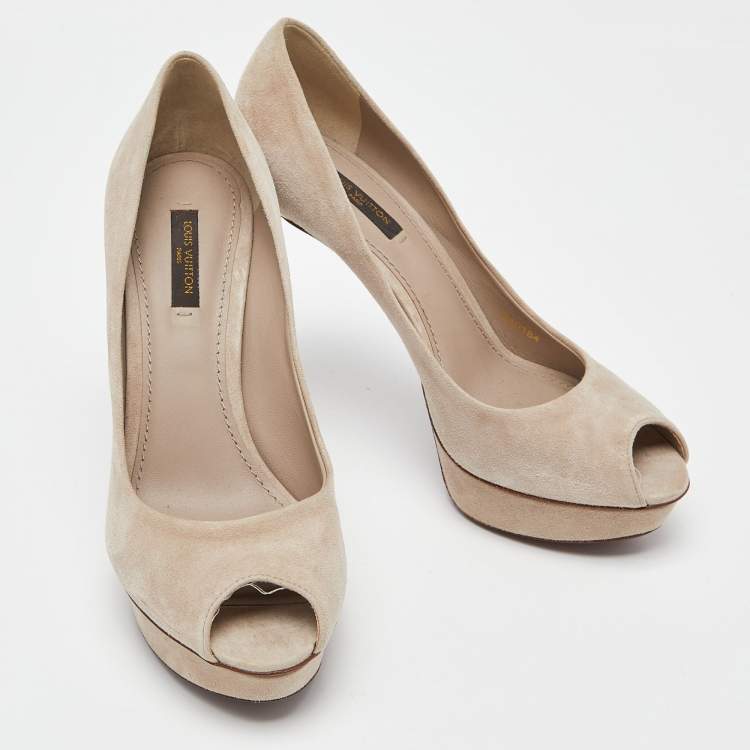 Pre Owned Louis Vuitton Beige Suede Eyeline Peep Toe Platform Pumps Size 38