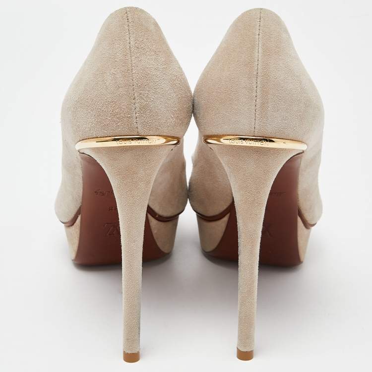 Pre Owned Louis Vuitton Beige Suede Eyeline Peep Toe Platform Pumps Size 38