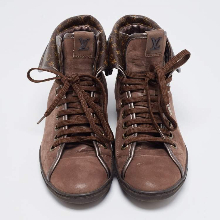 Pre Owned Louis Vuitton Brown Nubuck Leather and Monogram Canvas Brea Sneakers Size 39