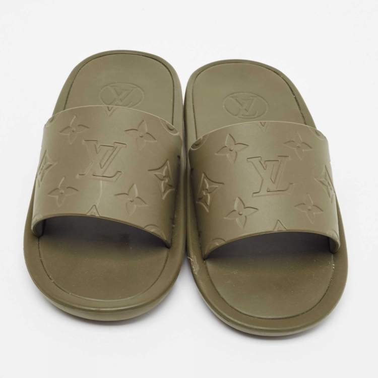 Pre Owned Louis Vuitton Green Monogram Rubber Sunbath Mules Size 36