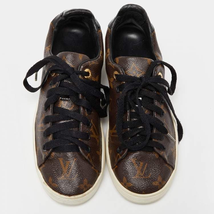 Pre Owned Louis Vuitton Brown/Black Monogram Canvas and Patent Leather Frontrow Sneakers Size 36