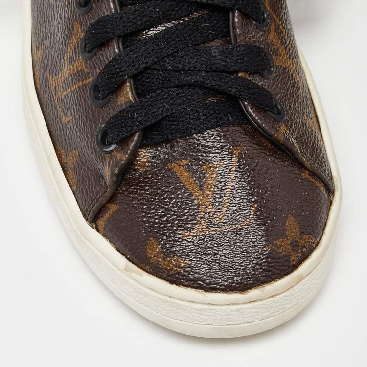 Pre Owned Louis Vuitton Brown/Black Monogram Canvas and Patent Leather Frontrow Sneakers Size 36
