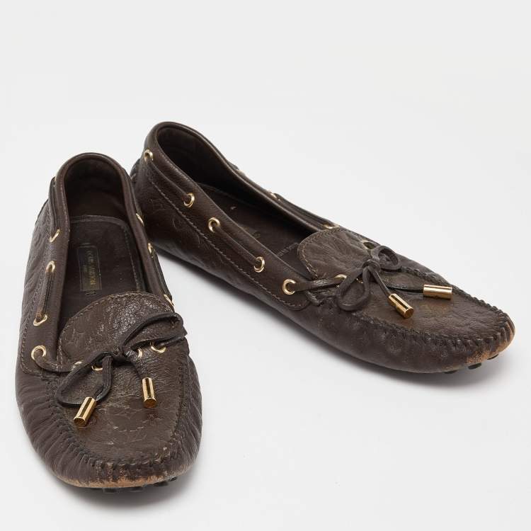 Pre Owned Louis Vuitton Brown Monogram Embossed Leather Gloria Loafers Size 37