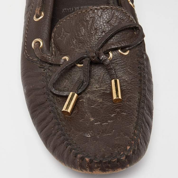 Pre Owned Louis Vuitton Brown Monogram Embossed Leather Gloria Loafers Size 37